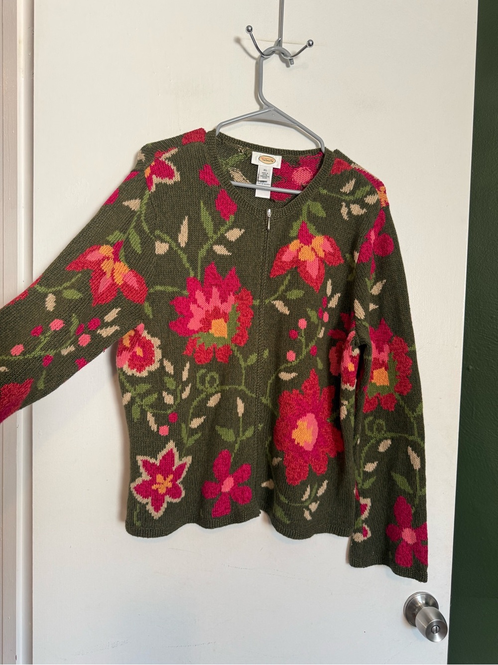 Vintage Talbots green and pink floral full zip ramie and cotton blend sweater - Picture 3 of 7